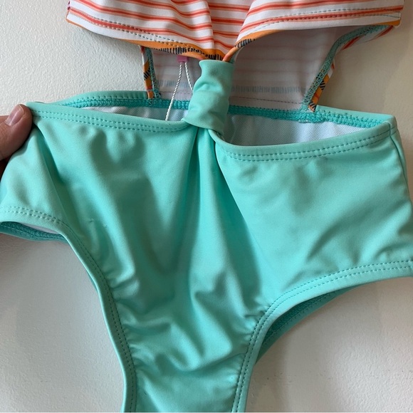 Mandarine &Co Girls One Piece Swimsuit XS/7 Colorful Stripe Top & Mint Bow Waist - Picture 3 of 7
